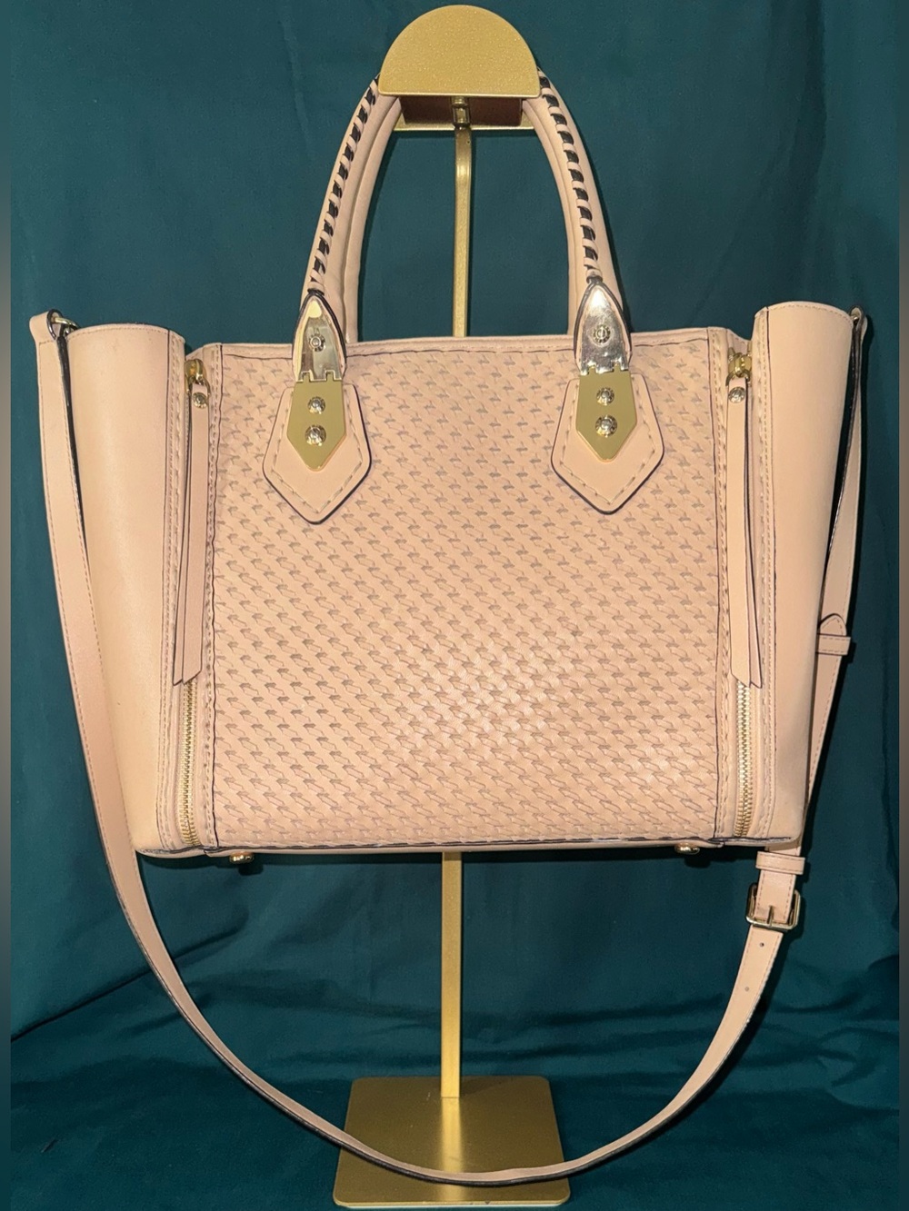henri bendel Tan Woven Satchel with Gold-Tone Hardware